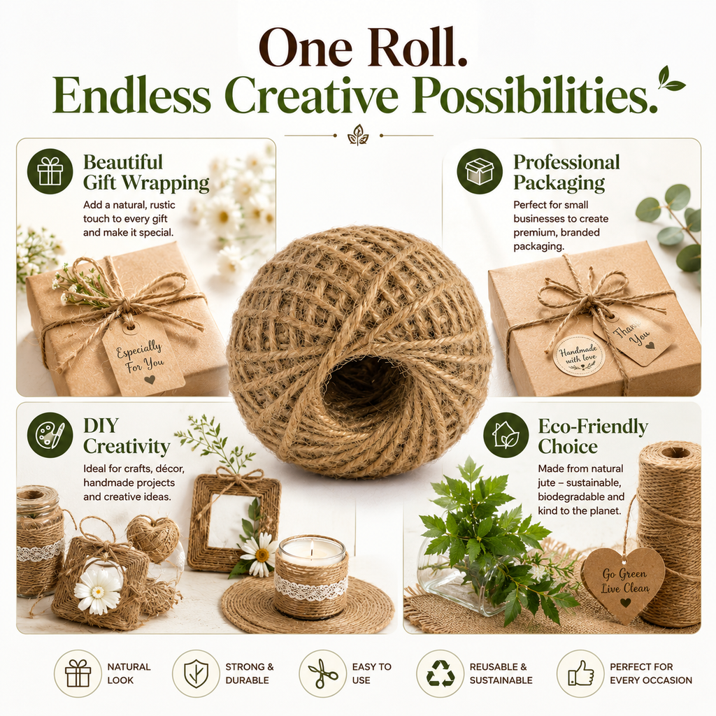 Strong Jute Twine String – Natural Fiber Rope for DIY Crafts, Packaging, Gift Wrapping & Decoration