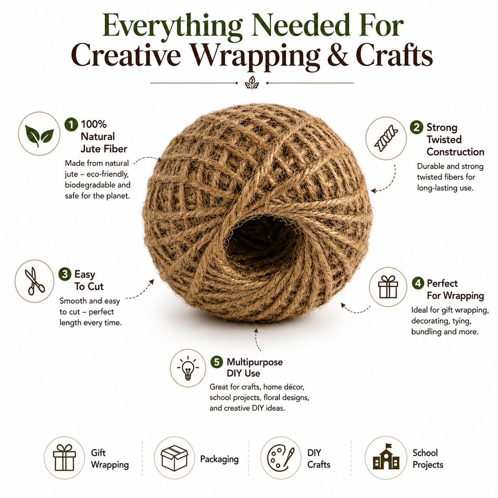 Strong Jute Twine String – Natural Fiber Rope for DIY Crafts, Packaging, Gift Wrapping & Decoration