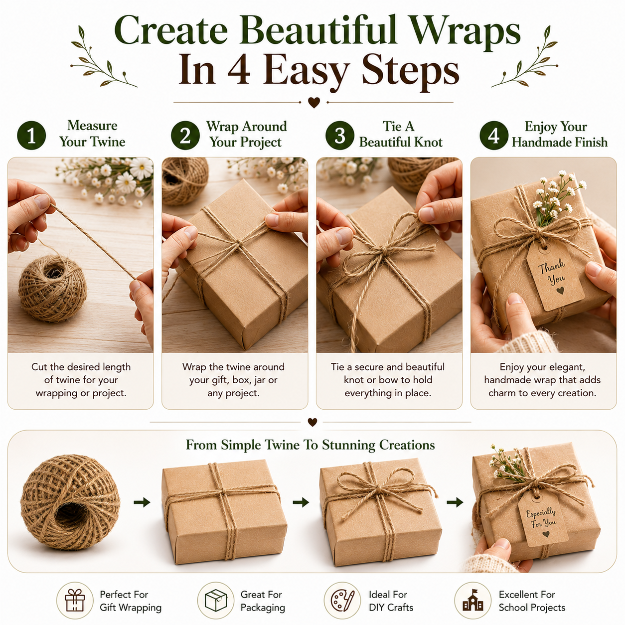 Strong Jute Twine String – Natural Fiber Rope for DIY Crafts, Packaging, Gift Wrapping & Decoration