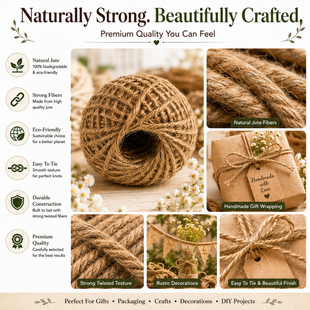 Strong Jute Twine String – Natural Fiber Rope for DIY Crafts, Packaging, Gift Wrapping & Decoration