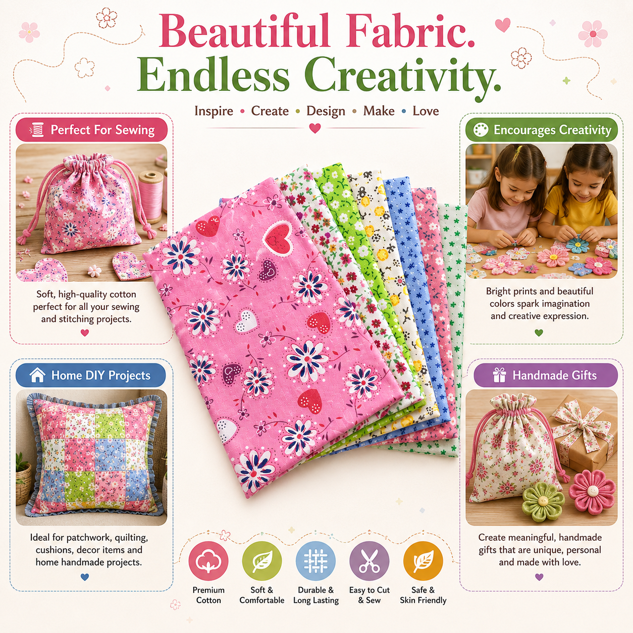 Printed Cotton Fabric Sheets – Soft & Easy-to-Sew Fabric for Quilting, Patchwork, Sewing & DIY Crafts