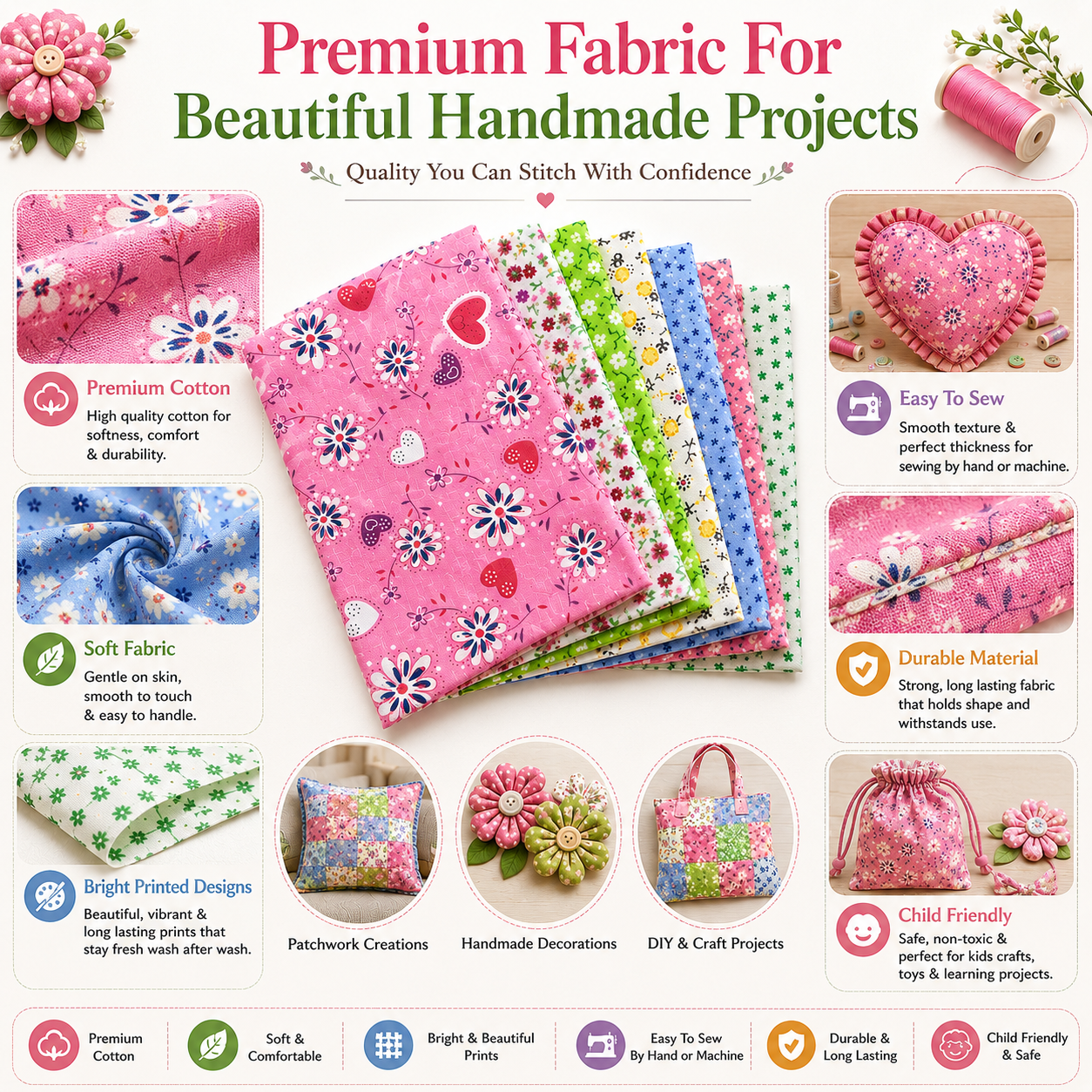 Printed Cotton Fabric Sheets – Soft & Easy-to-Sew Fabric for Quilting, Patchwork, Sewing & DIY Crafts