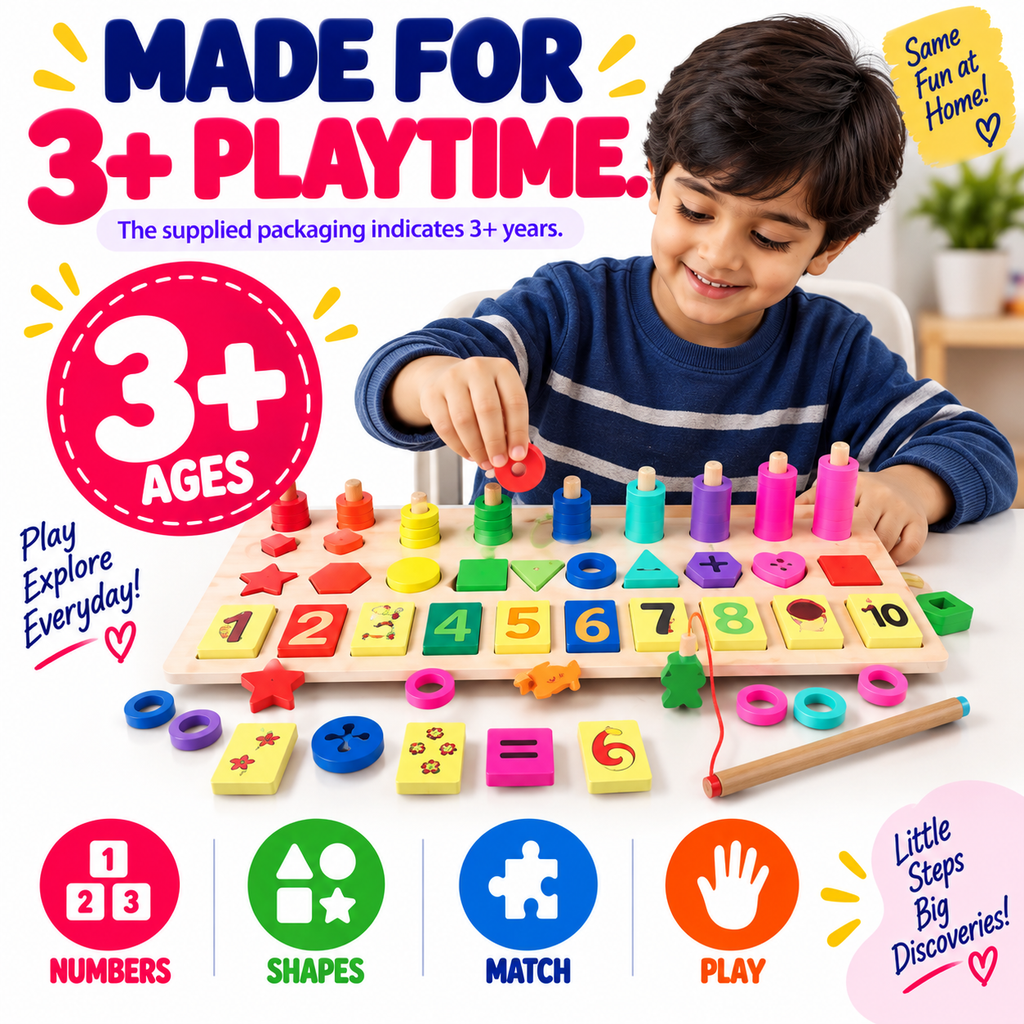 Montessori Wooden Educational Toy for Kids 3+ – Numbers, Shapes & Matching Learning Activity Board**