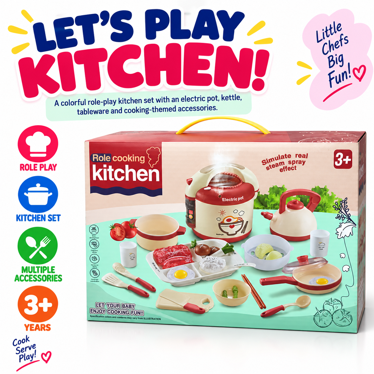 Kids Kitchen Cooking Set – Pretend Play Kitchen Toy Set with Electric Pot, Kettle, Utensils & Food Accessories
