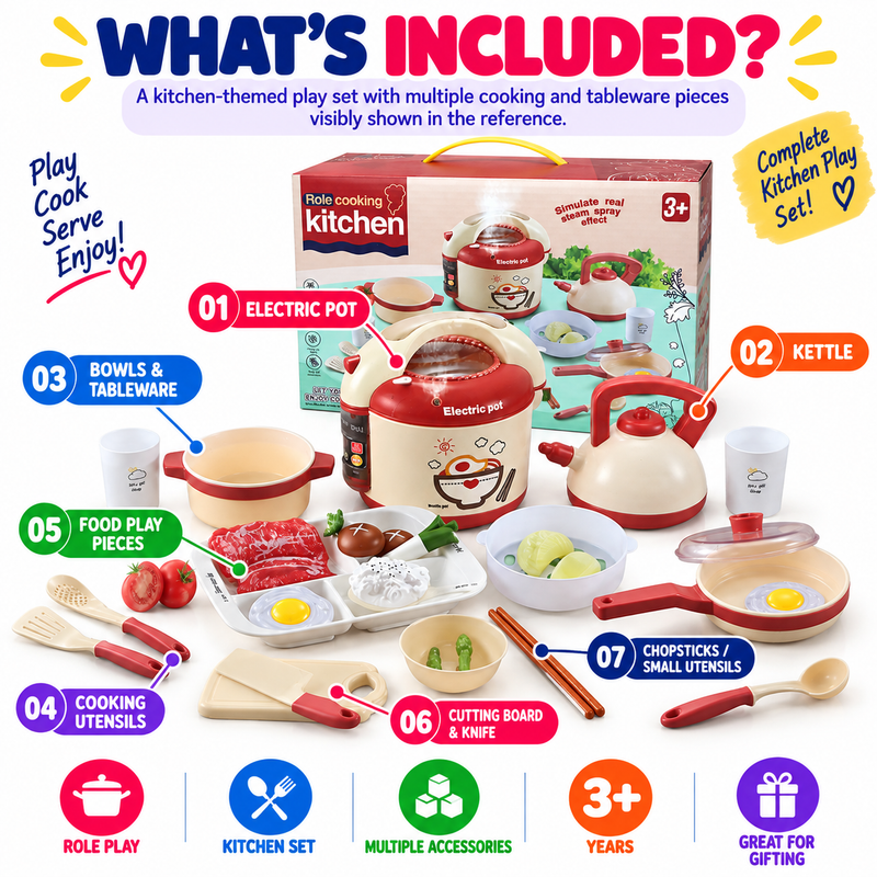 Kids Kitchen Cooking Set – Pretend Play Kitchen Toy Set with Electric Pot, Kettle, Utensils & Food Accessories
