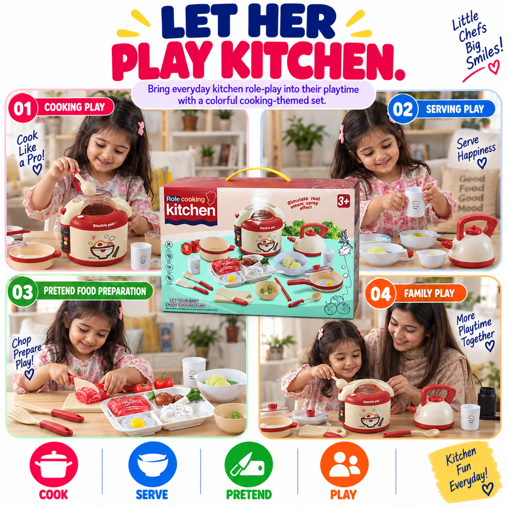 Kids Kitchen Cooking Set – Pretend Play Kitchen Toy Set with Electric Pot, Kettle, Utensils & Food Accessories
