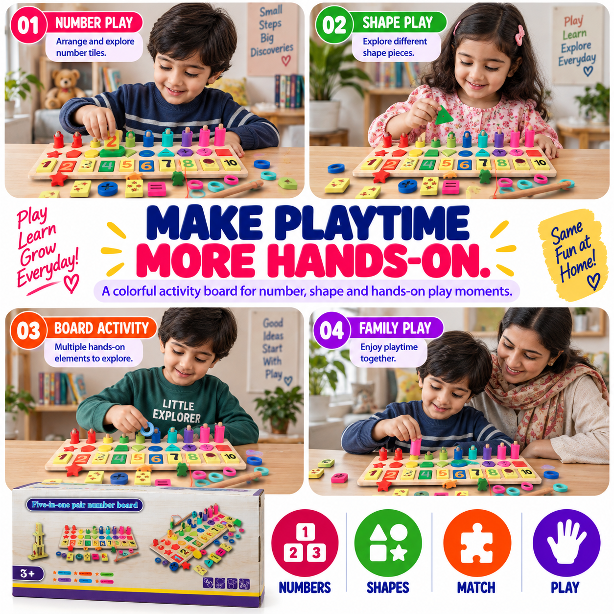 Montessori Wooden Educational Toy for Kids 3+ – Numbers, Shapes & Matching Learning Activity Board**