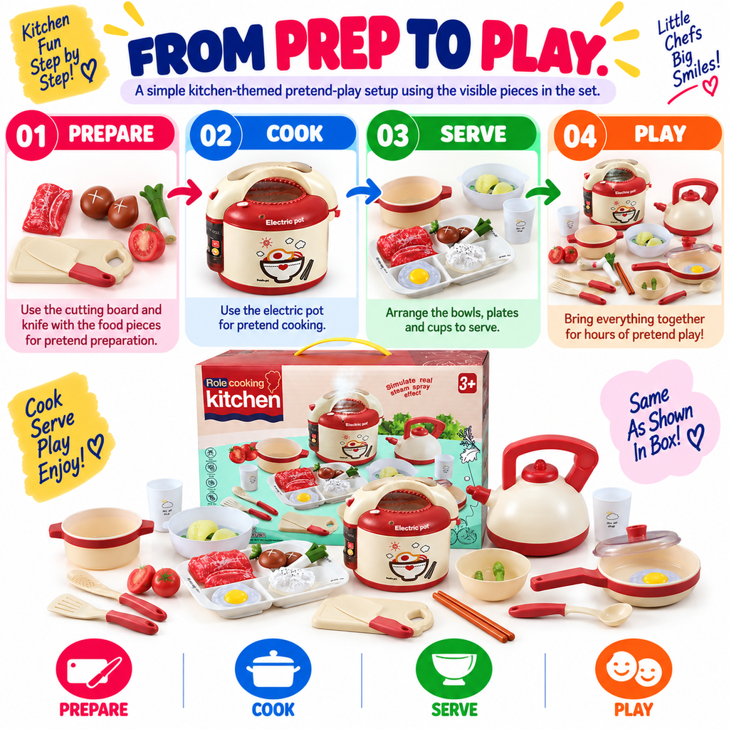 Kids Kitchen Cooking Set – Pretend Play Kitchen Toy Set with Electric Pot, Kettle, Utensils & Food Accessories