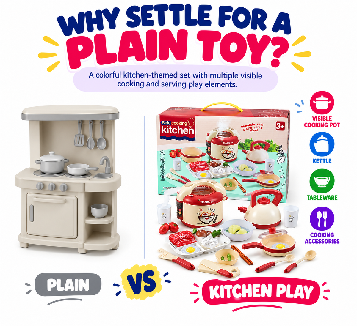 Kids Kitchen Cooking Set – Pretend Play Kitchen Toy Set with Electric Pot, Kettle, Utensils & Food Accessories