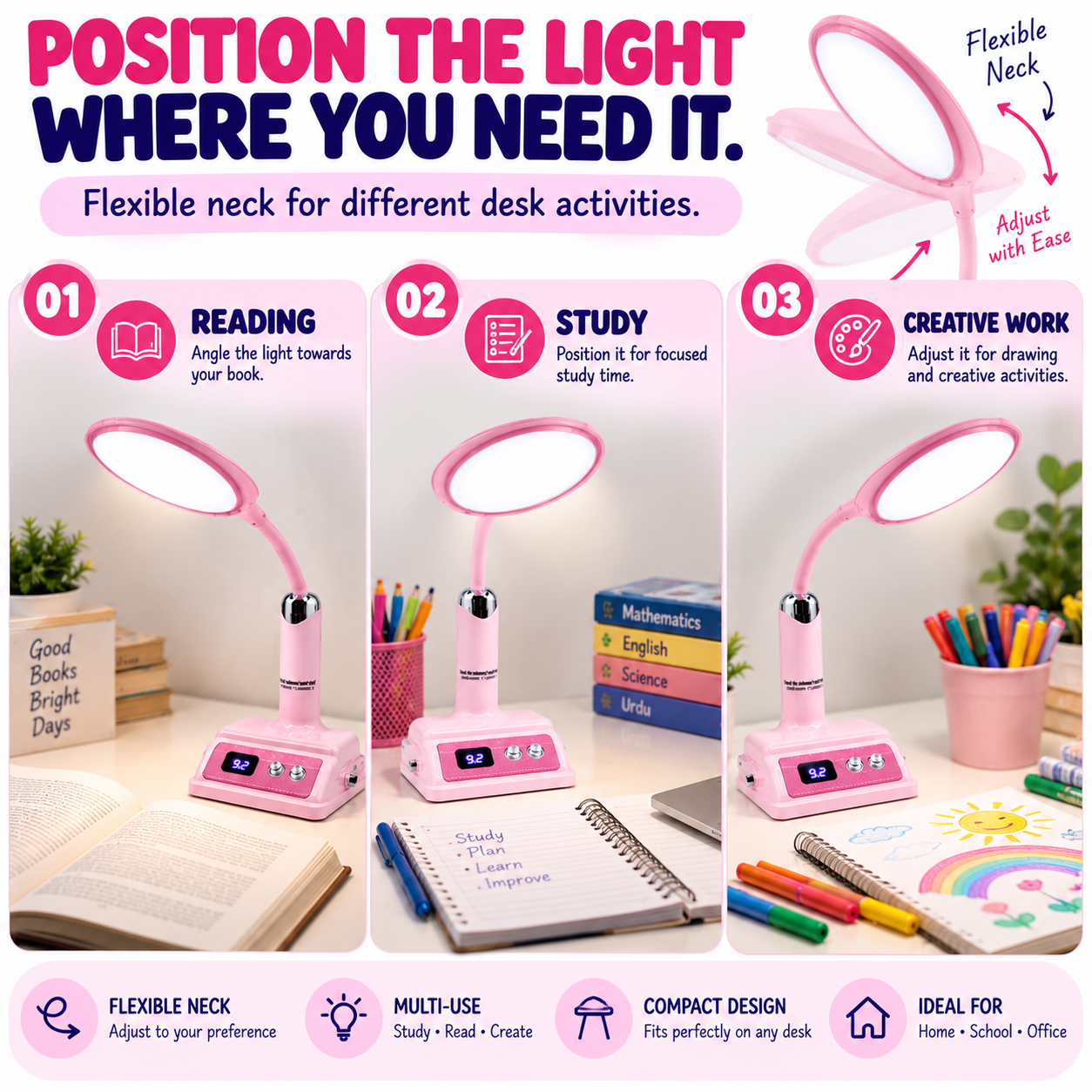Study Desk Lamp – Adjustable LED Table Light for Reading, Homework & Writing | Bright & Flexible Desk Lamp for Kids, Students & Home Office