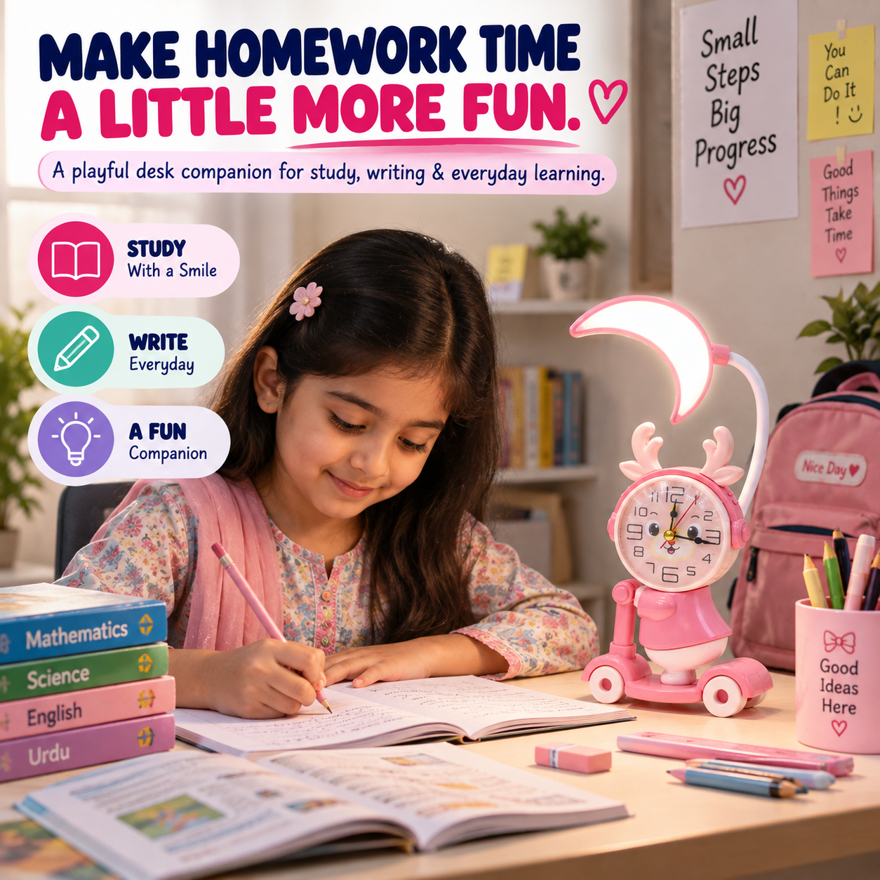 2-in-1 Study Lamp with Digital Clock – LED Desk Light & Alarm Clock for Reading, Homework, Study & Bedroom