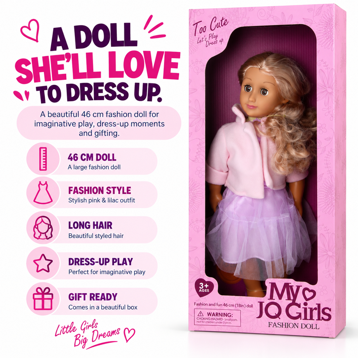 46cm Fashion Doll for Girls – Large Size Dress Up Doll, Kids Pretend Play Toy & Birthday Gift