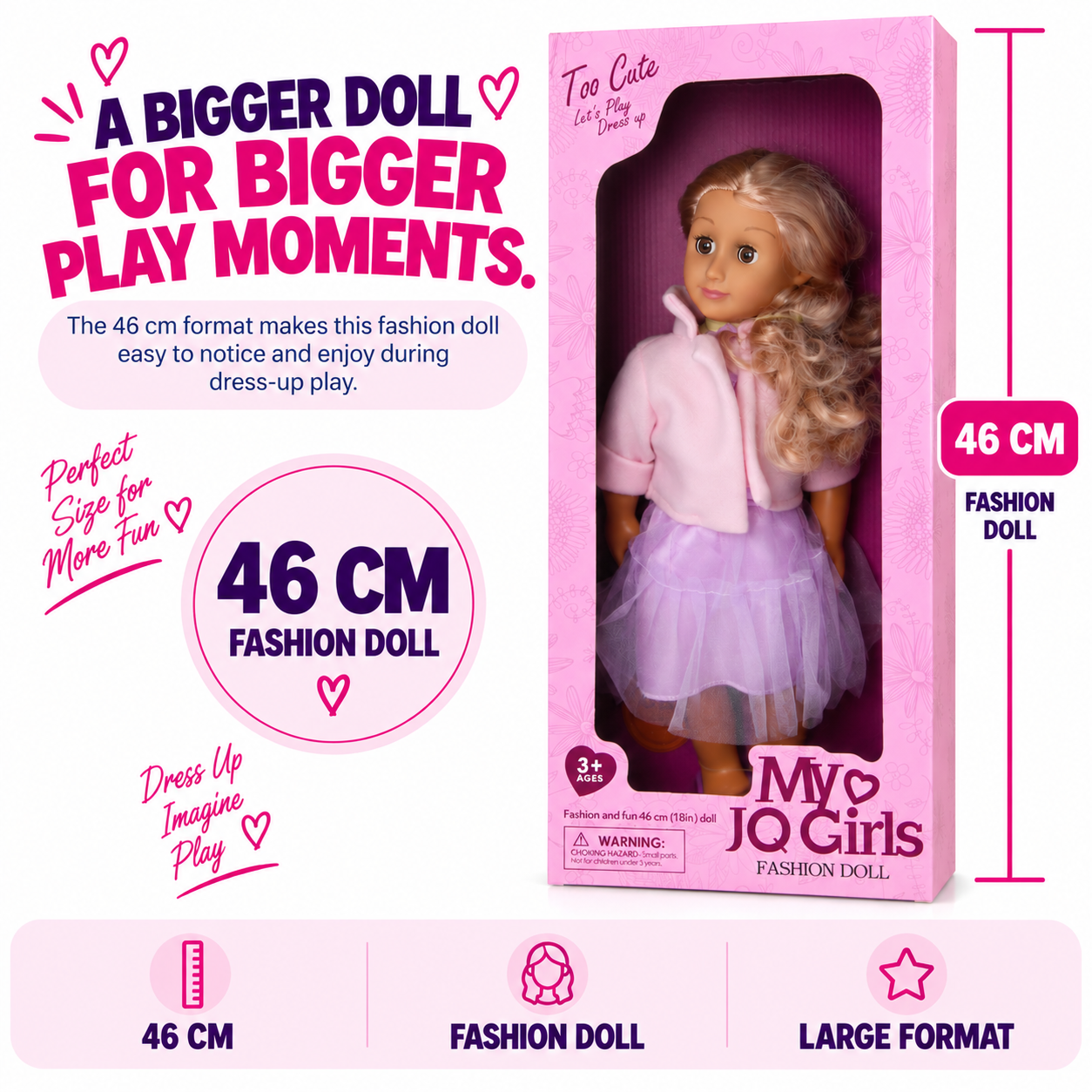 46cm Fashion Doll for Girls – Large Size Dress Up Doll, Kids Pretend Play Toy & Birthday Gift