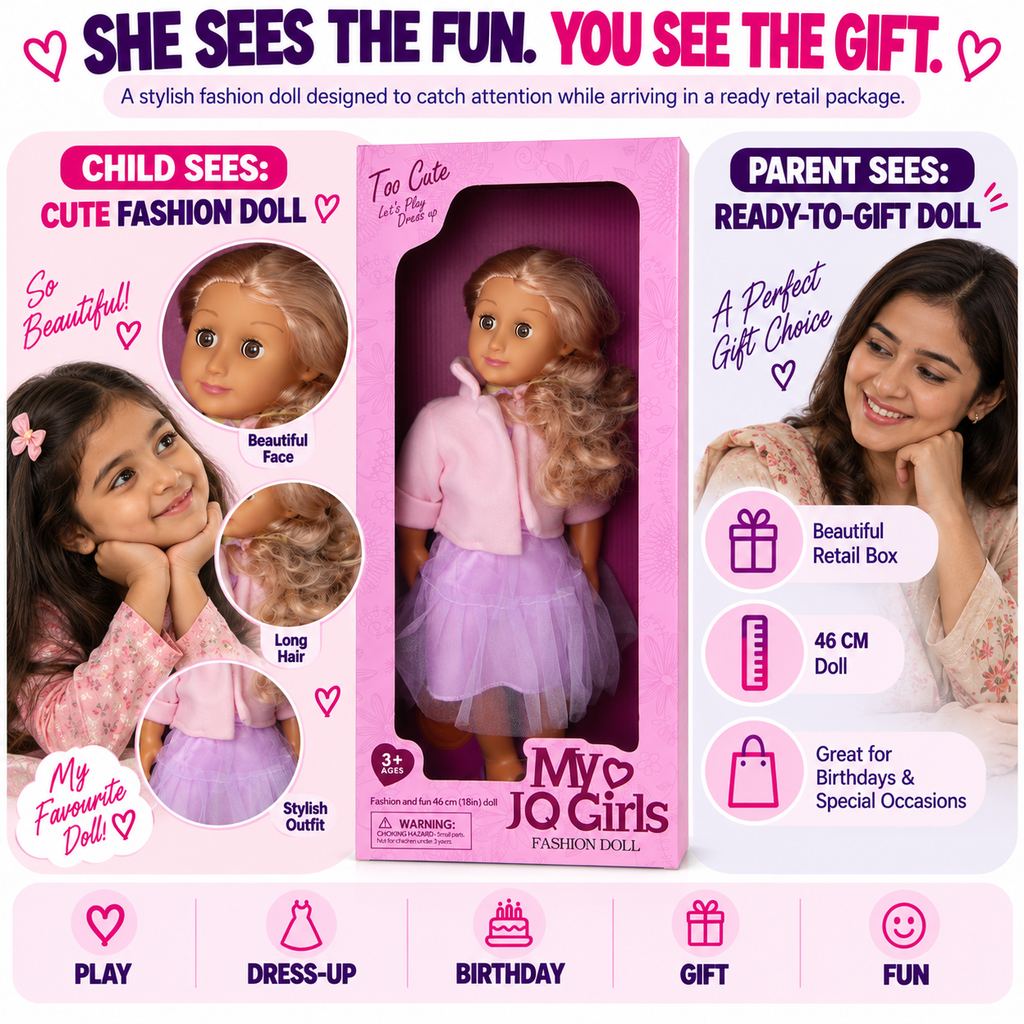 46cm Fashion Doll for Girls – Large Size Dress Up Doll, Kids Pretend Play Toy & Birthday Gift