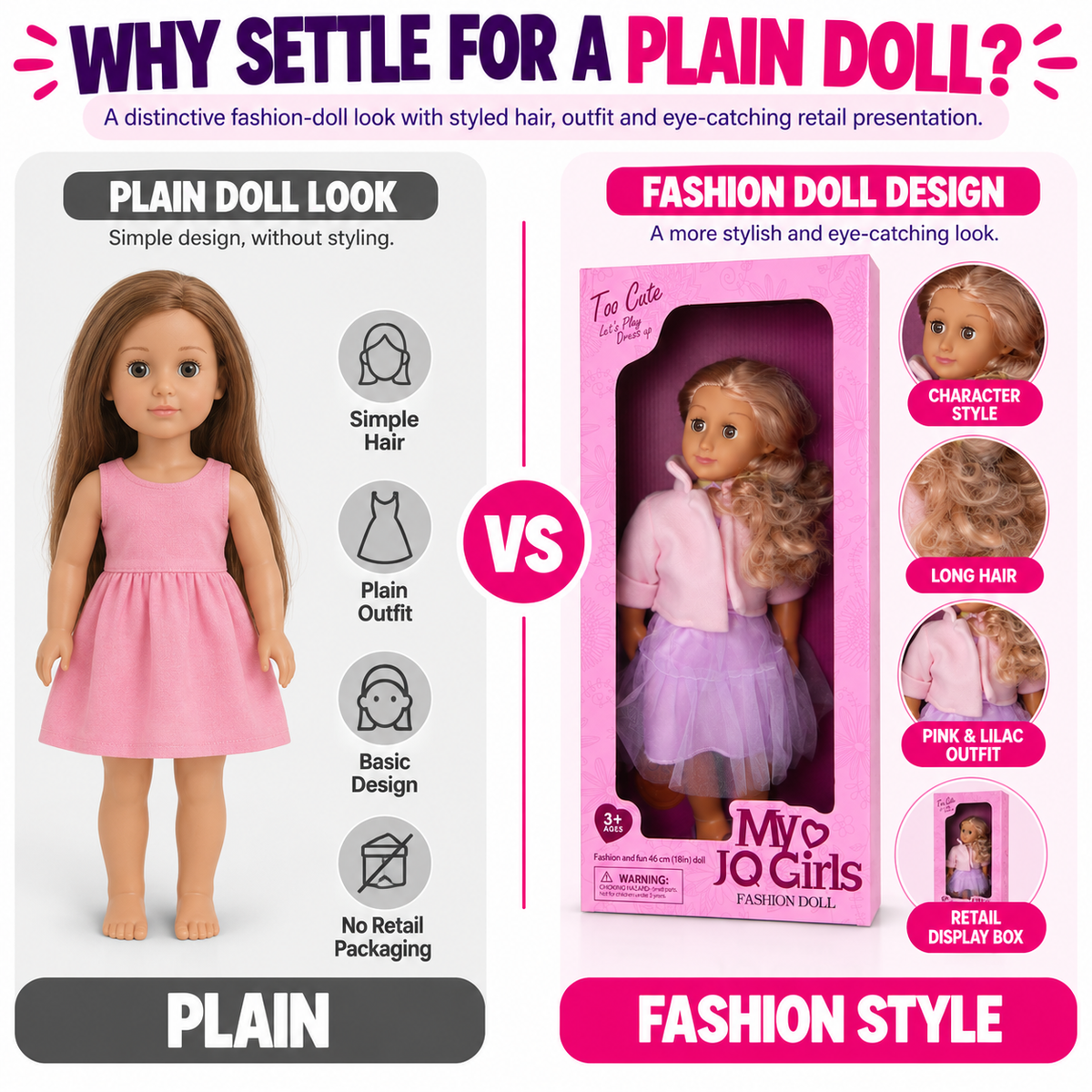 46cm Fashion Doll for Girls – Large Size Dress Up Doll, Kids Pretend Play Toy & Birthday Gift