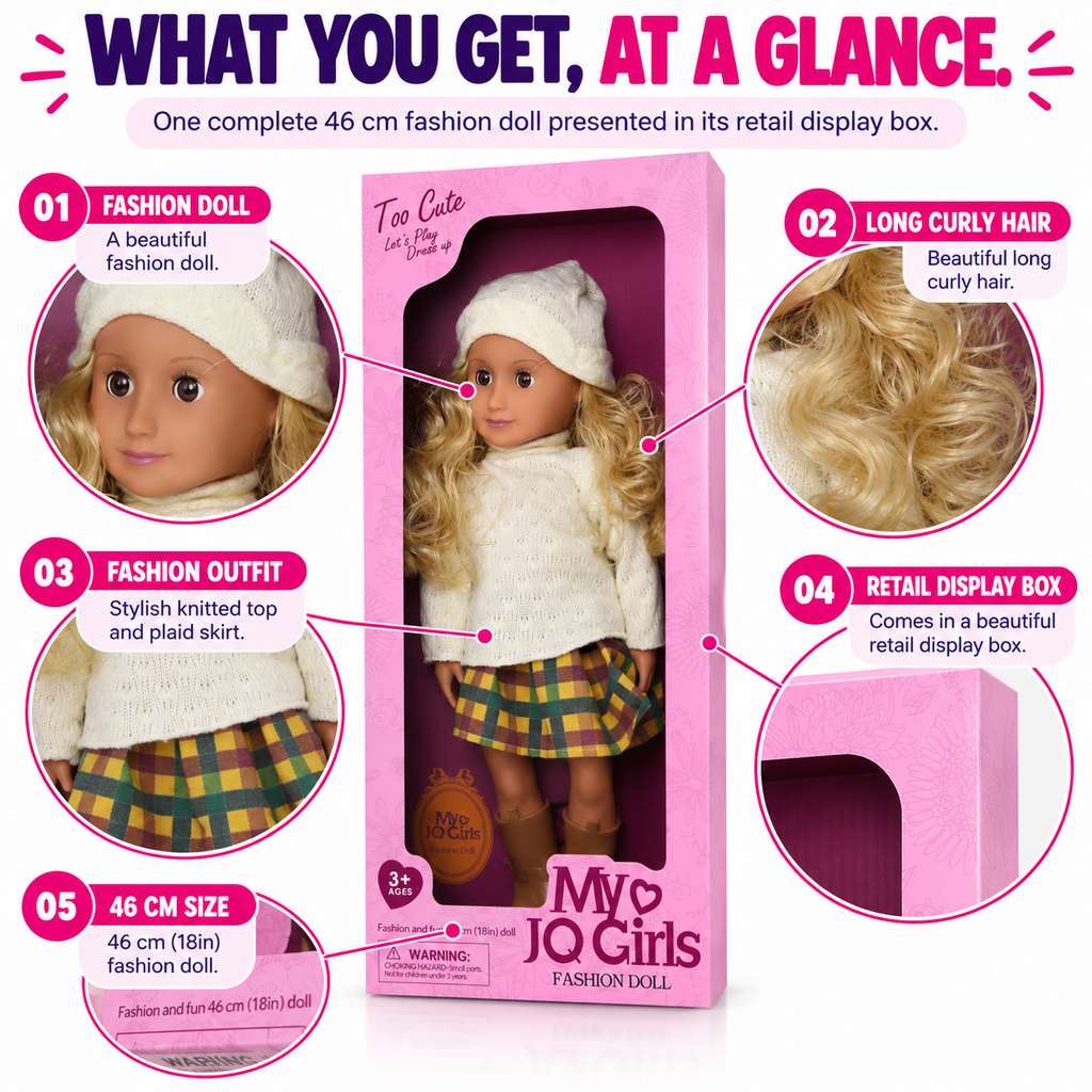46cm Fashion Doll for Girls – Long Curly Hair, Stylish Outfit, Dress Up Pretend Play Toy & Birthday Gift
