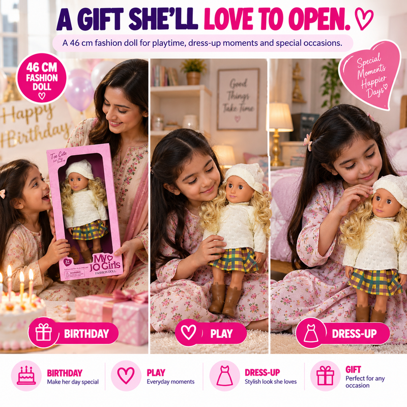 46cm Fashion Doll for Girls – Long Curly Hair, Stylish Outfit, Dress Up Pretend Play Toy & Birthday Gift