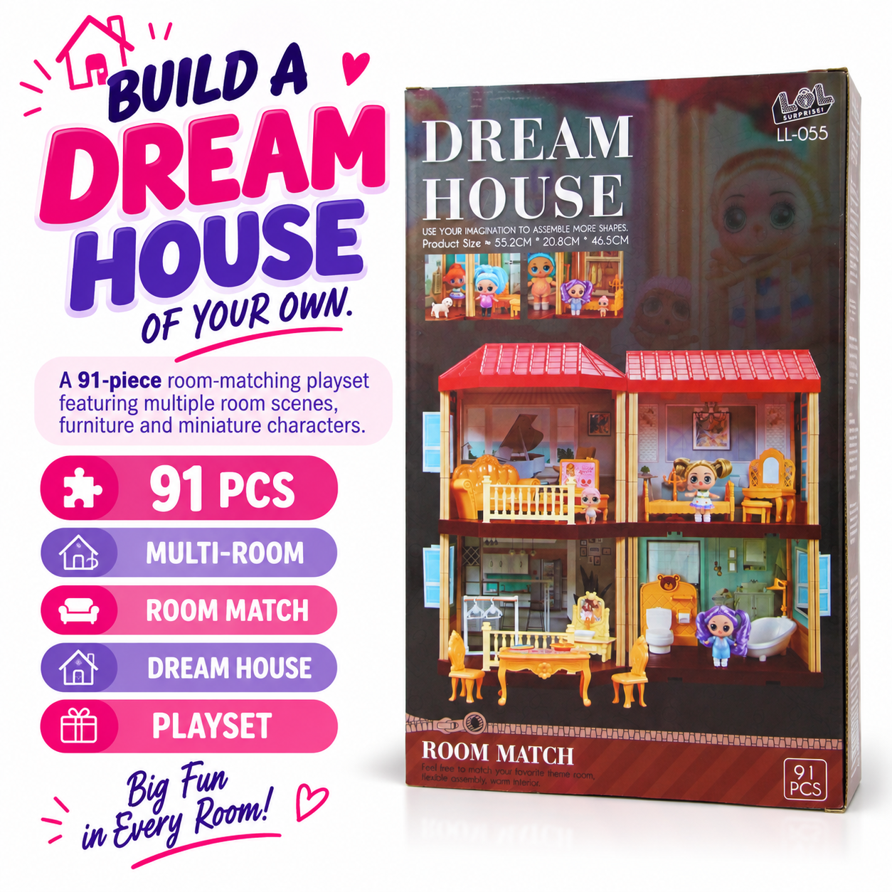 91 PCS Dream House Playset – Multi-Room Dollhouse with Furniture, Mini Figures & Pretend Play