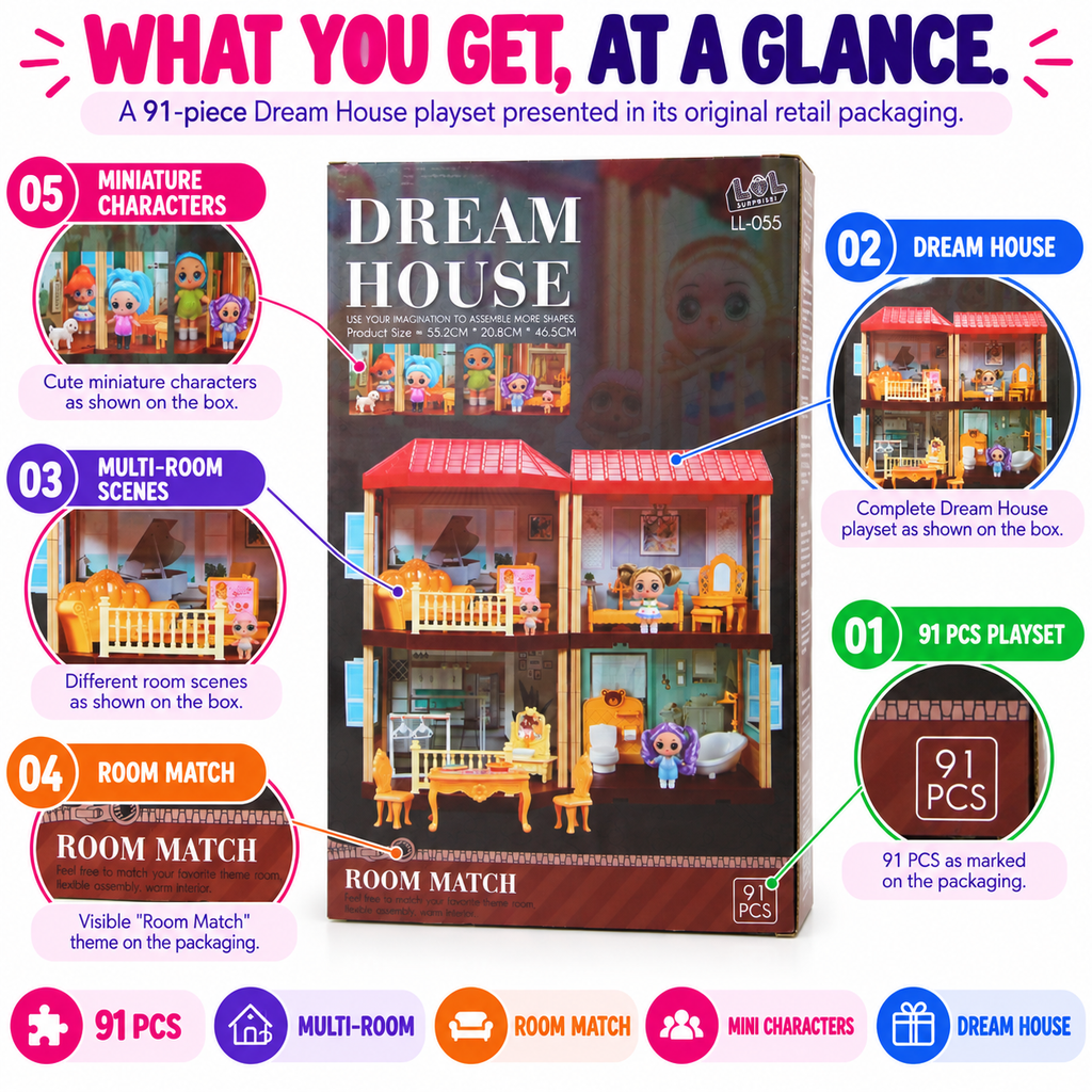 91 PCS Dream House Playset – Multi-Room Dollhouse with Furniture, Mini Figures & Pretend Play