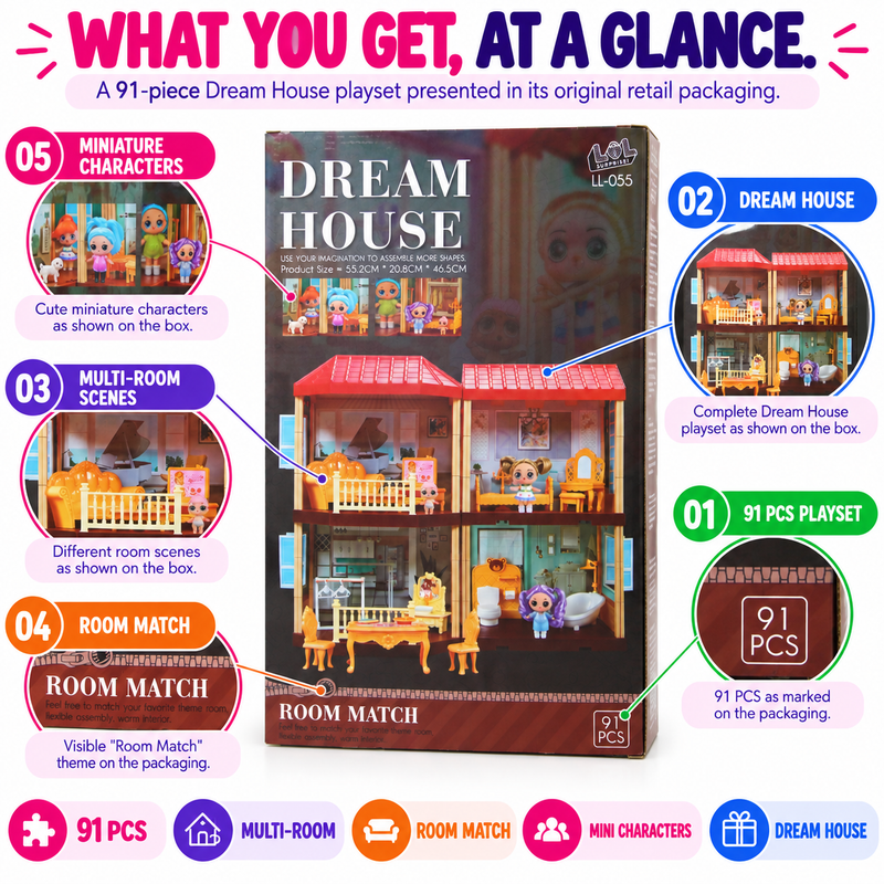 91 PCS Dream House Playset – Multi-Room Dollhouse with Furniture, Mini Figures & Pretend Play