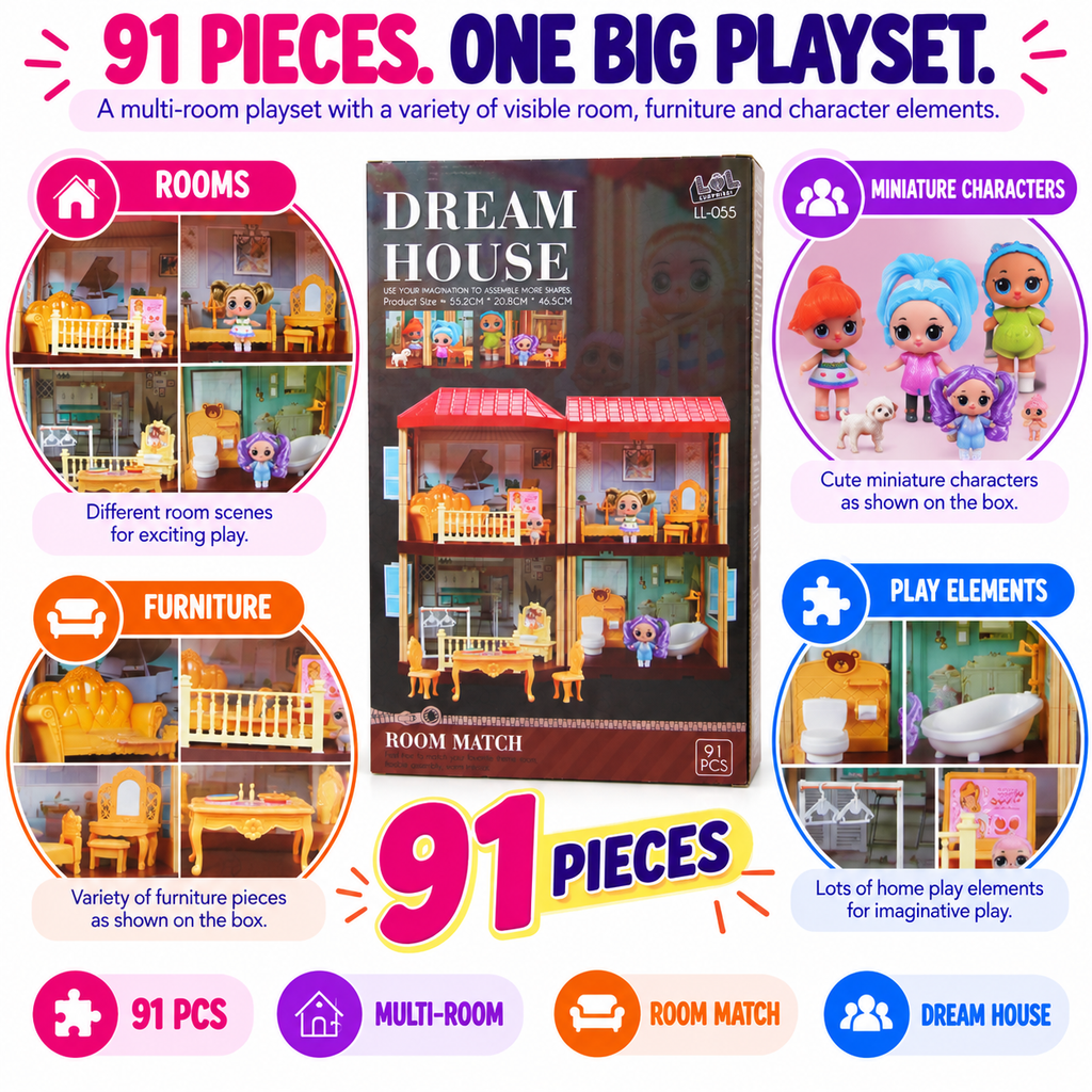 91 PCS Dream House Playset – Multi-Room Dollhouse with Furniture, Mini Figures & Pretend Play