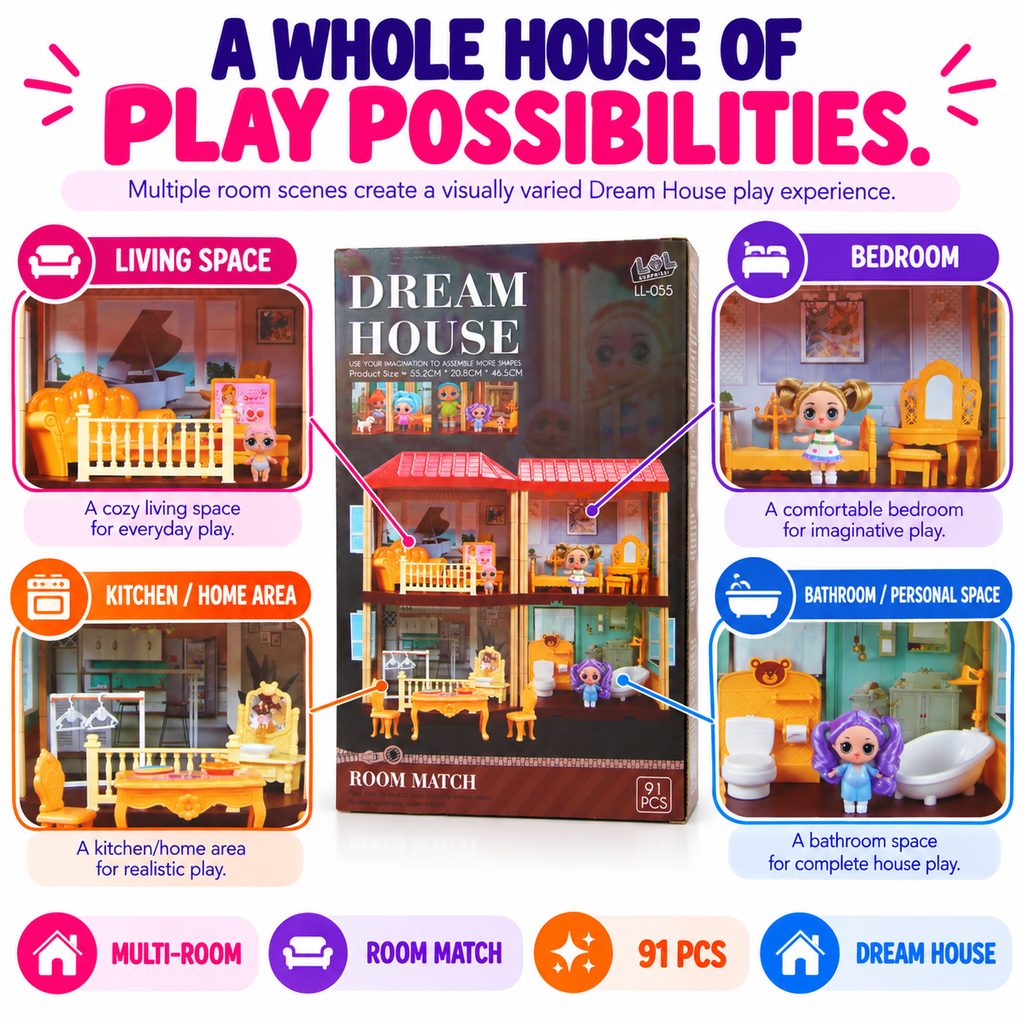 91 PCS Dream House Playset – Multi-Room Dollhouse with Furniture, Mini Figures & Pretend Play