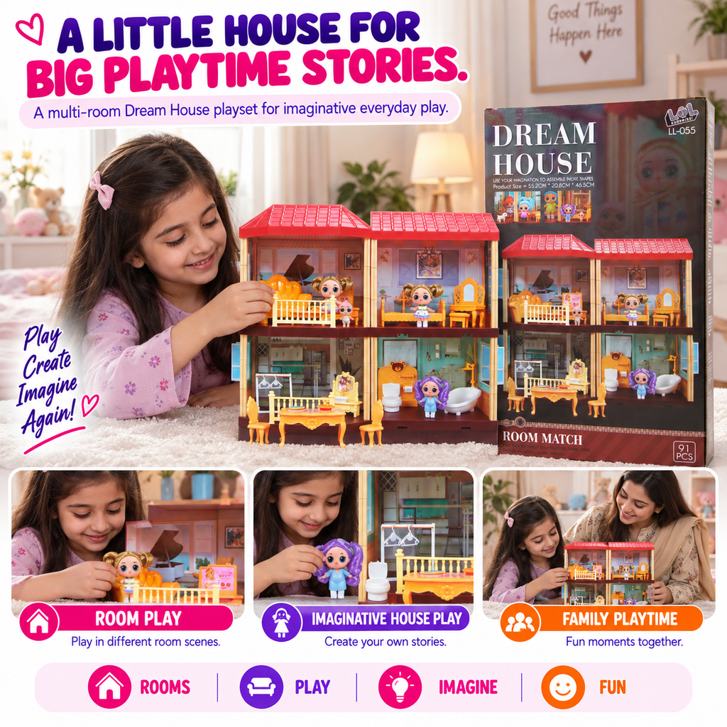 91 PCS Dream House Playset – Multi-Room Dollhouse with Furniture, Mini Figures & Pretend Play
