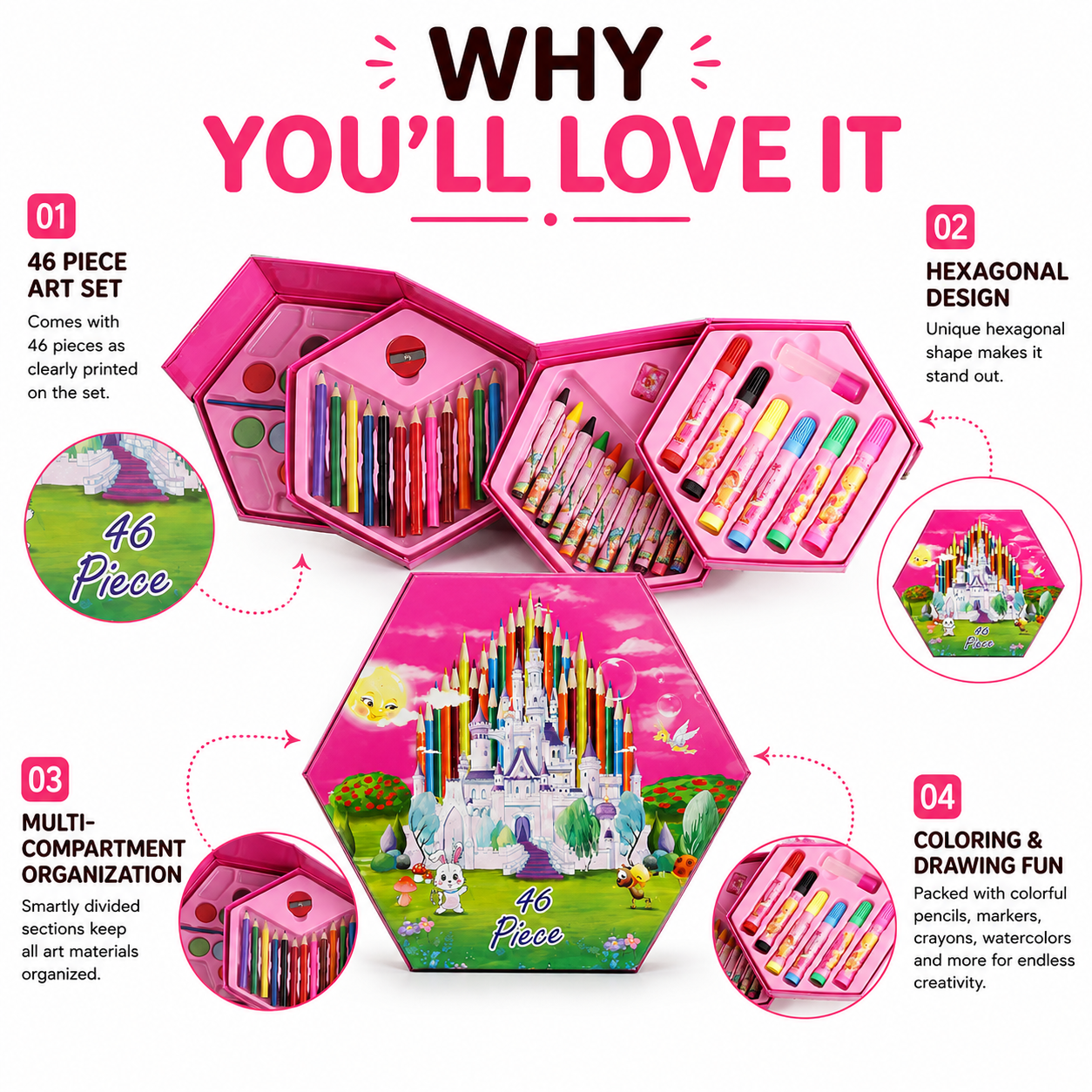 46-Piece Kids Art Set with Smart Hexagonal Storage Case, Complete Drawing & Colouring Kit with Colour Pencils, Crayons, Markers & Paints
