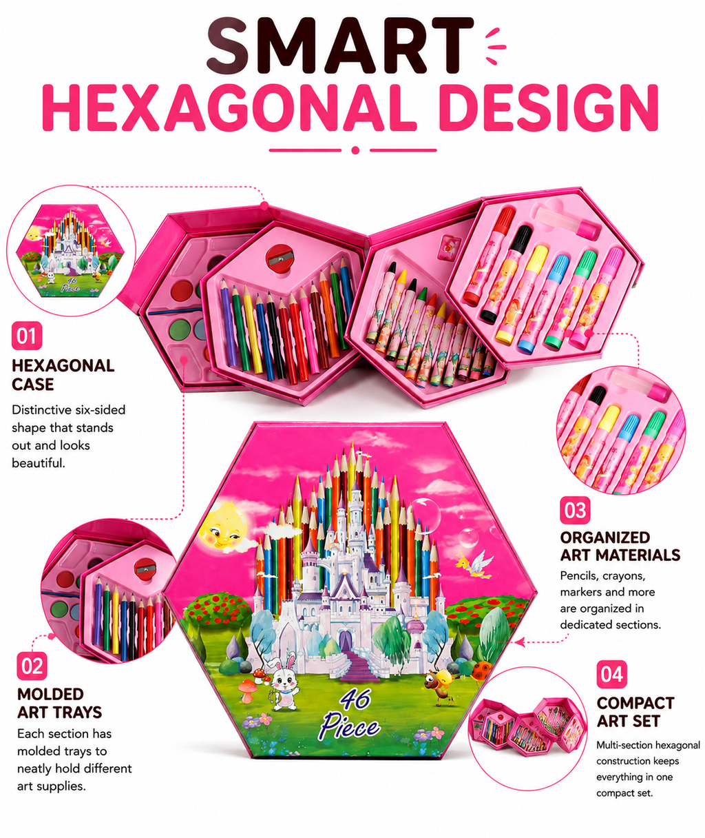 46-Piece Kids Art Set with Smart Hexagonal Storage Case, Complete Drawing & Colouring Kit with Colour Pencils, Crayons, Markers & Paints