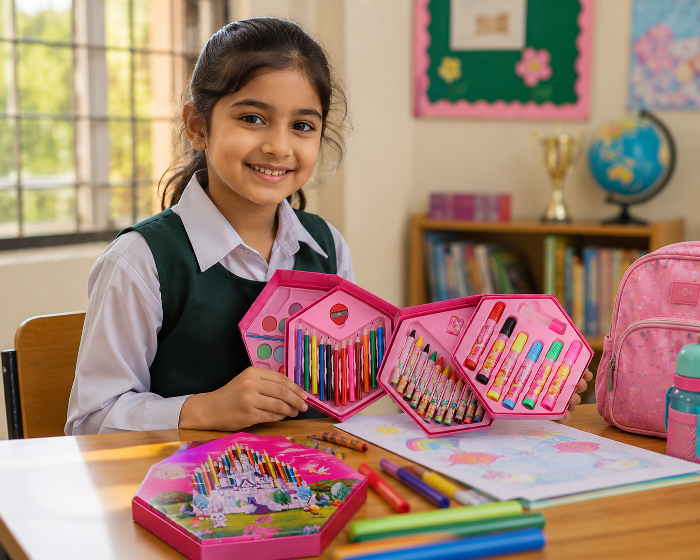 46-Piece Kids Art Set with Smart Hexagonal Storage Case, Complete Drawing & Colouring Kit with Colour Pencils, Crayons, Markers & Paints