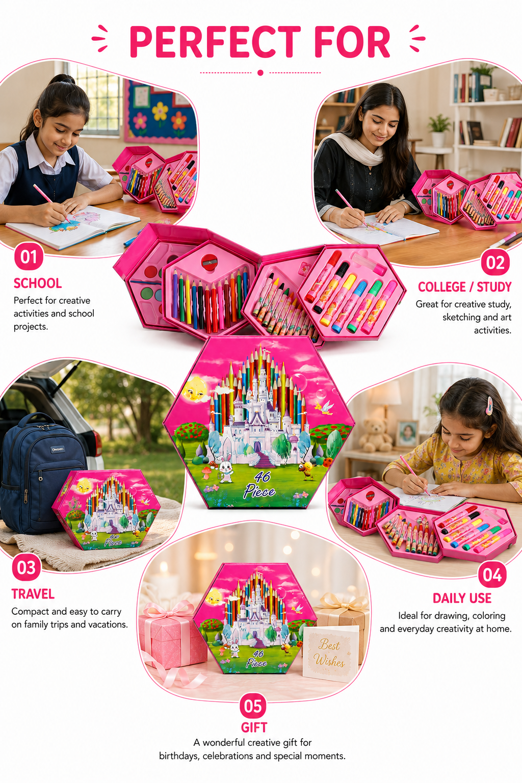 46-Piece Kids Art Set with Smart Hexagonal Storage Case, Complete Drawing & Colouring Kit with Colour Pencils, Crayons, Markers & Paints