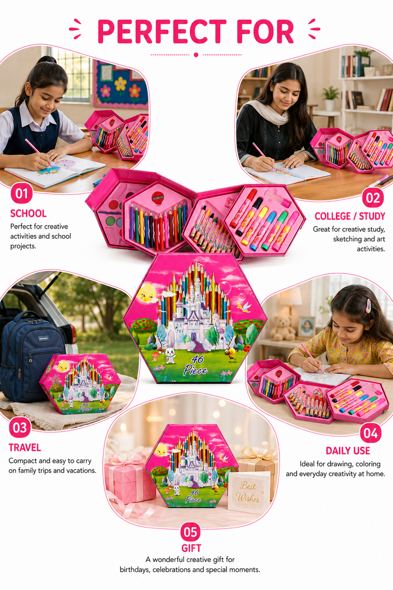 46-Piece Kids Art Set with Smart Hexagonal Storage Case, Complete Drawing & Colouring Kit with Colour Pencils, Crayons, Markers & Paints
