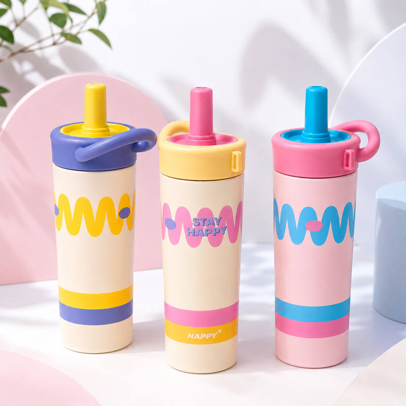 Kids Water Bottle with Straw – Cute Colorful Drinking Bottle with Easy-Grip Handle for School, Travel, Outdoor Activities & Everyday Use
