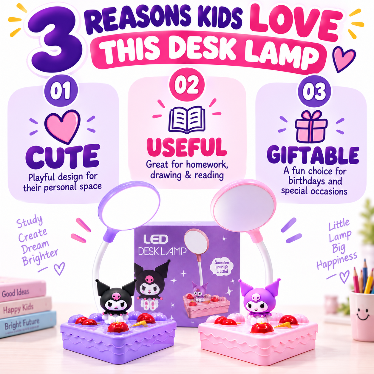 Krumi – Cute Adjustable LED Desk Lamp | Bright Reading Light for Homework, Study & Drawing | Perfect Kids Desk Light