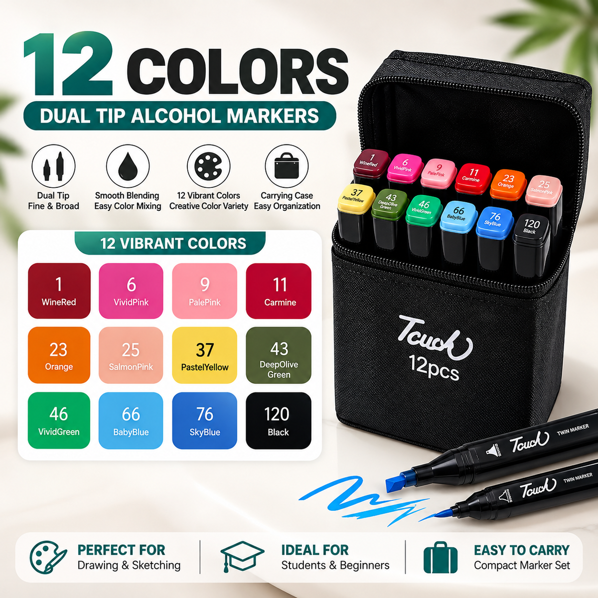 Double-Sided Touch Markers 12 Pcs –24-36-48 colours