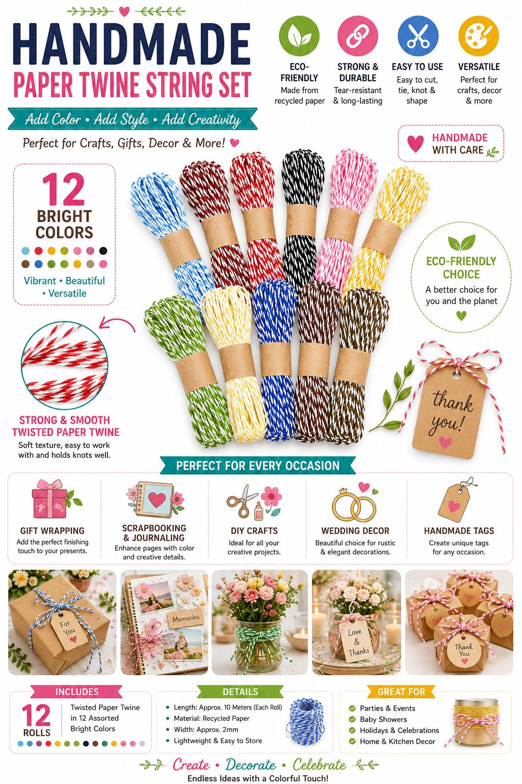 Handmade Paper Twine String Set – 12 Bright Colors for Scrapbooking, Gift Tags, Crafts & Party Decor