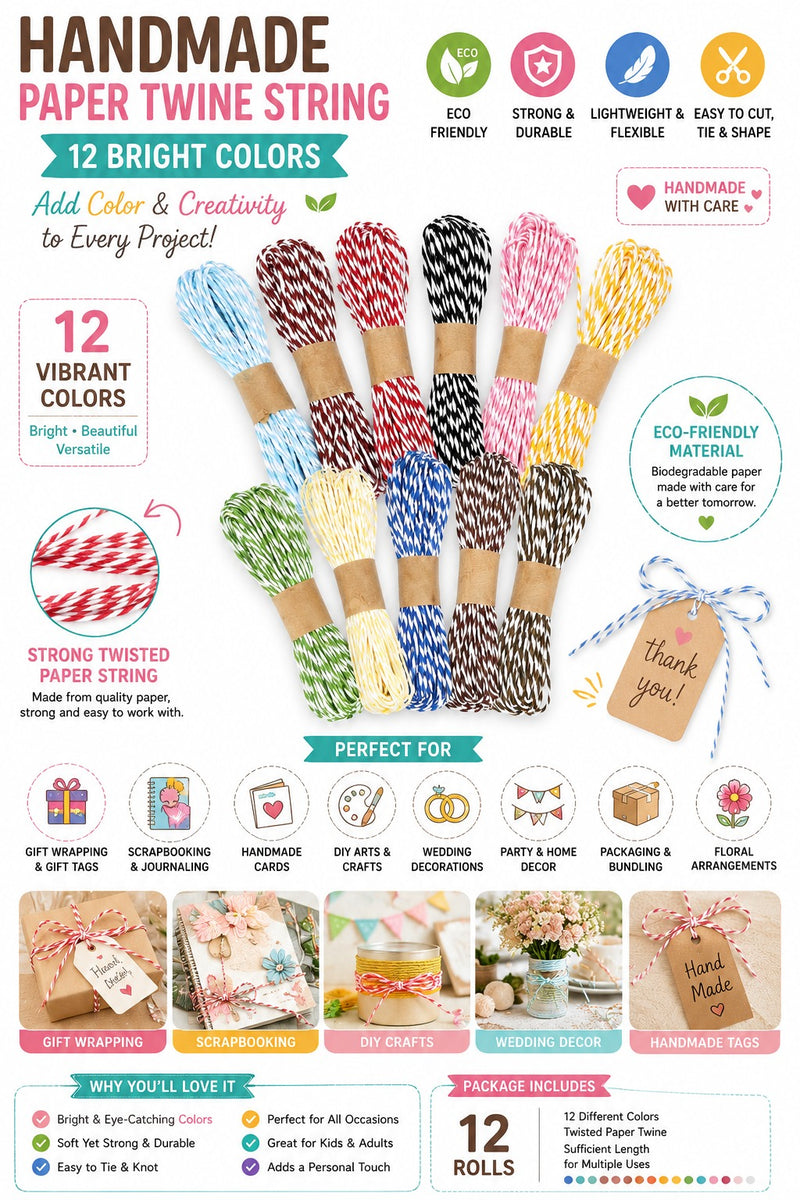 Handmade Paper Twine String Set – 12 Bright Colors for Scrapbooking, Gift Tags, Crafts & Party Decor