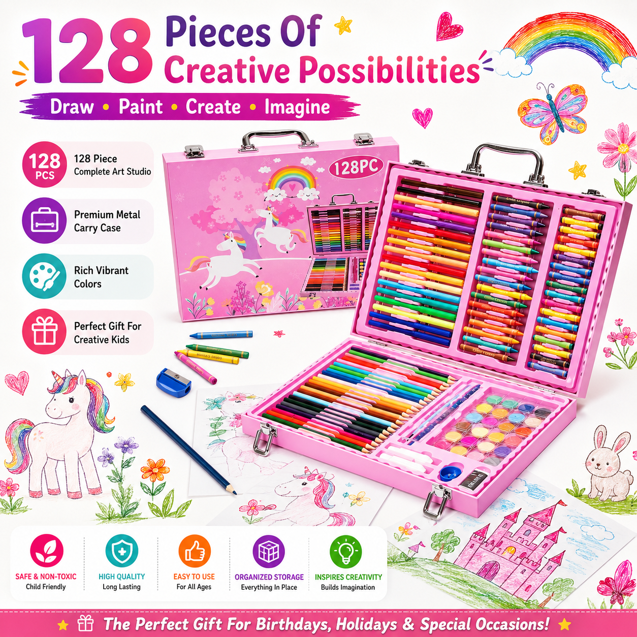 Ixora 128 pieces Art Set, Portable Drawing Painting Art Supplies,
