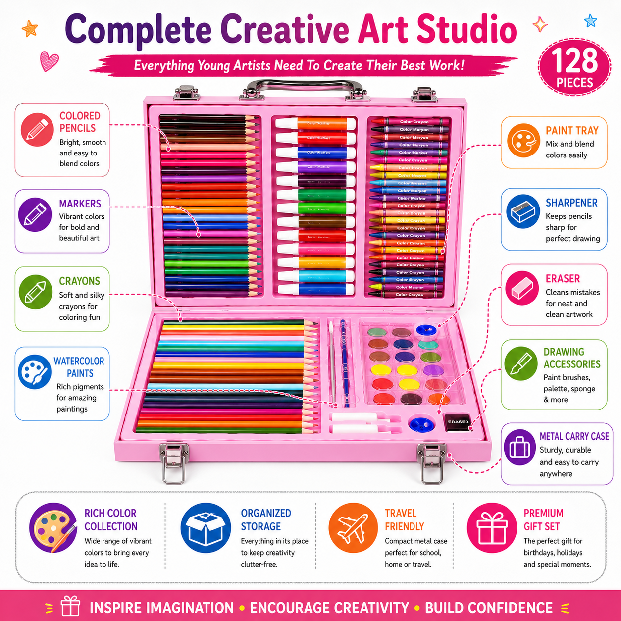 Ixora 128 pieces Art Set, Portable Drawing Painting Art Supplies, - Image 7