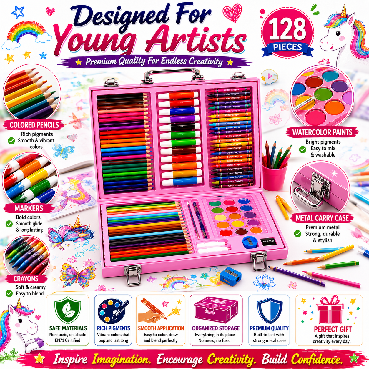 Ixora 128 pieces Art Set, Portable Drawing Painting Art Supplies, - Image 2