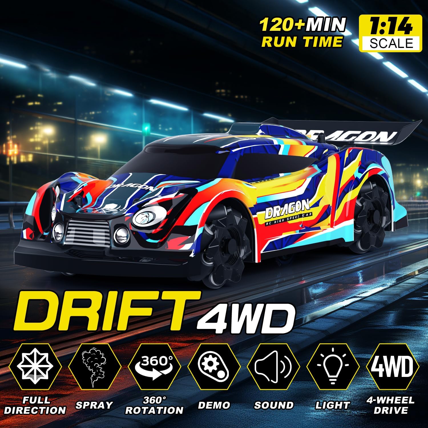 KYAMRC YL-66 1/14 2.4G 4WD RC Car Lateral Drift Spray LED Light 360Rotation Stunt Vehicles Models Remote Control Toys