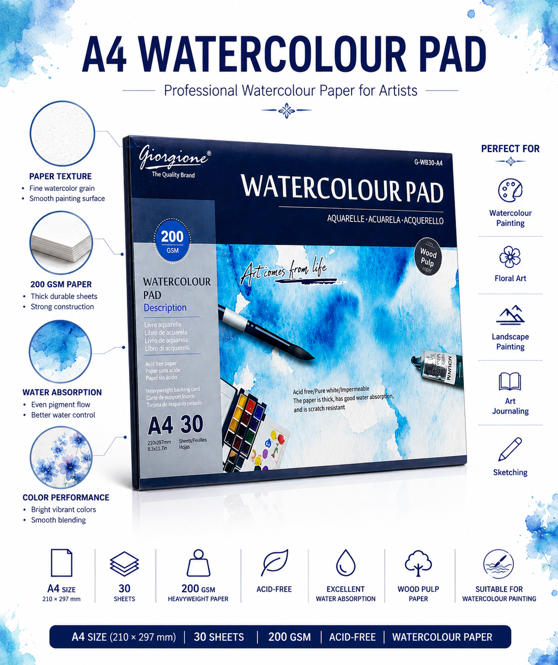 Giorgione A4 Watercolour Pad – 200 GSM Acid-Free Watercolor Paper, 30 Sheets, Professional Painting Pad for Artists