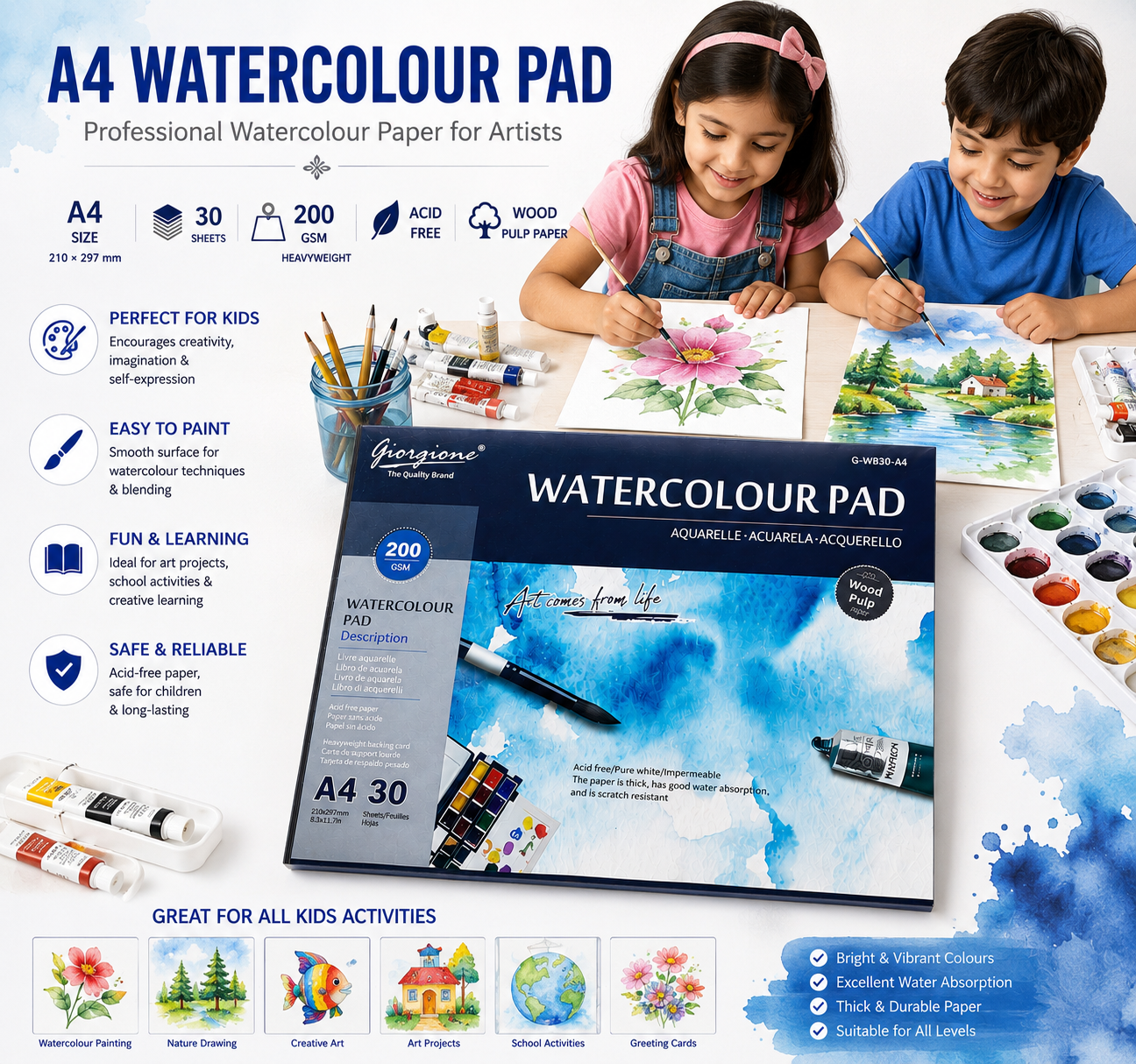 Giorgione A4 Watercolour Pad – 200 GSM Acid-Free Watercolor Paper, 30 Sheets, Professional Painting Pad for Artists - Image 4