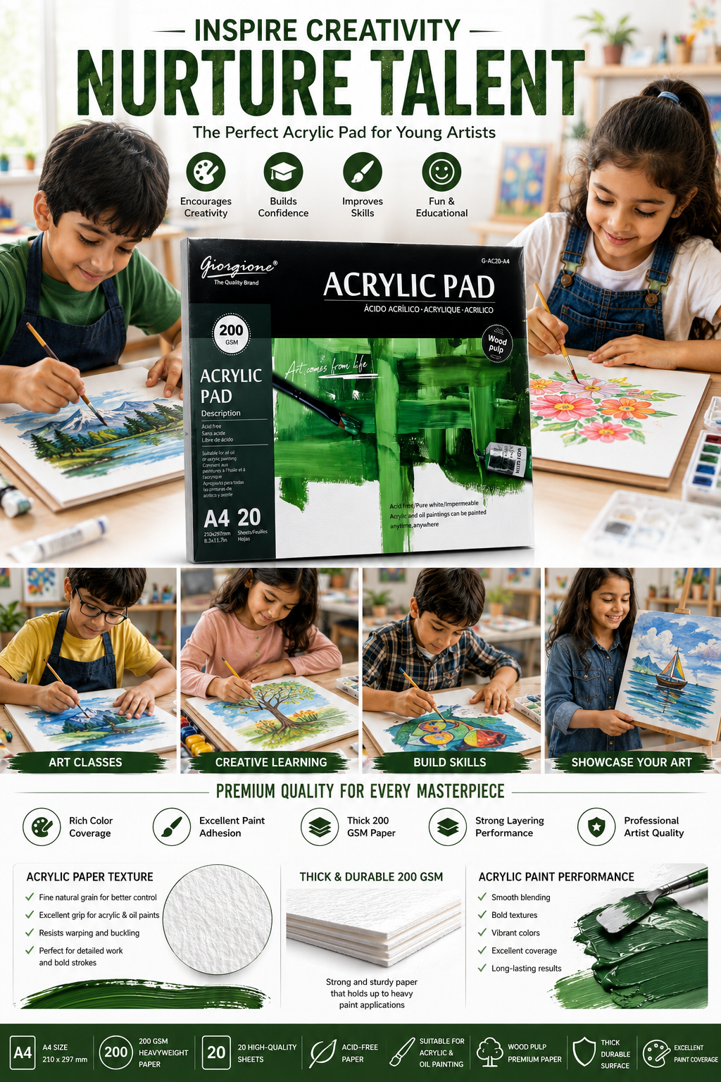 Giorgione A4 Acrylic Pad – 200 GSM Acid-Free Acrylic Painting Paper, 20 Sheets, Professional Art Pad for Acrylic & Oil Painting - Image 5