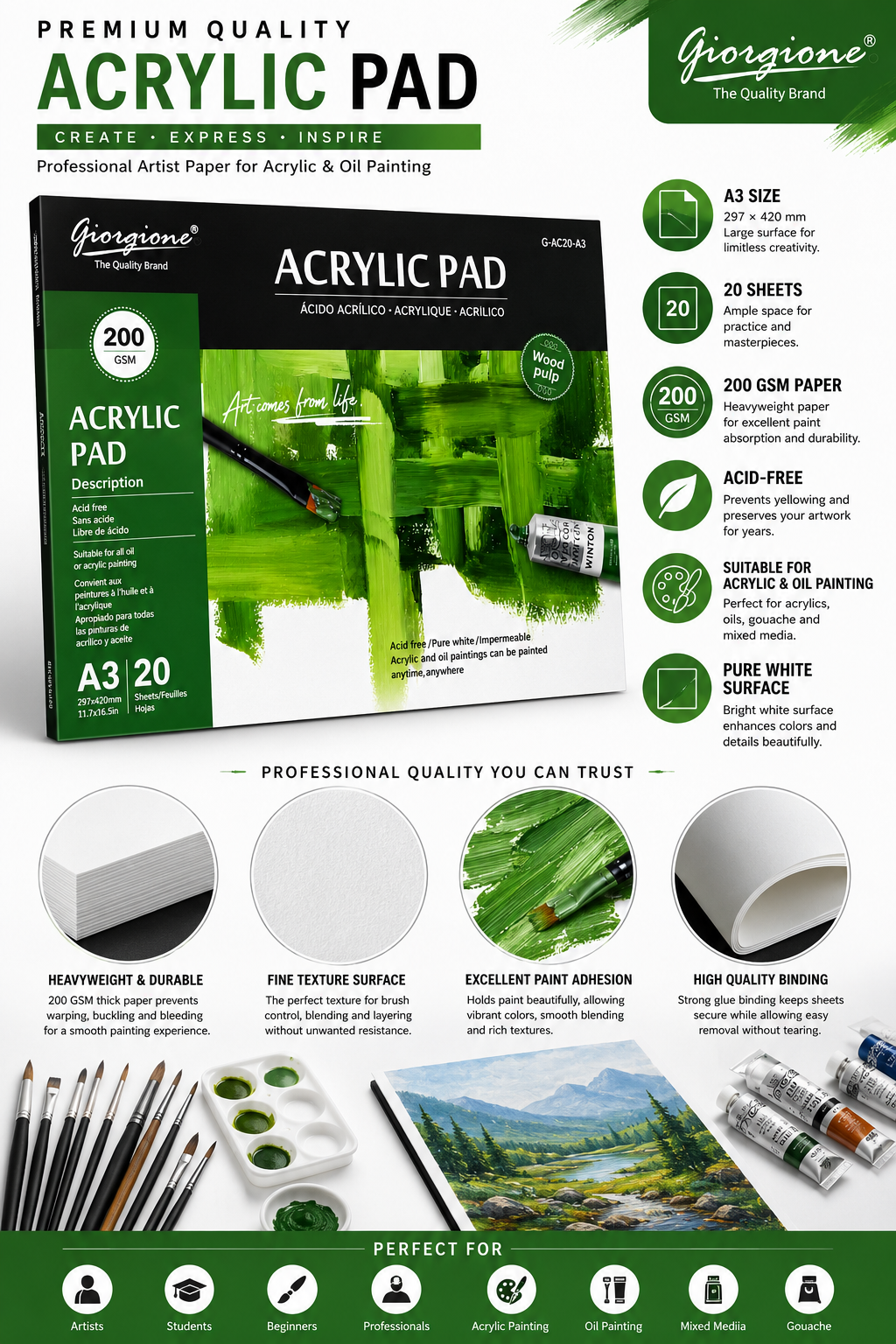 Giorgione A3 Acrylic Pad – 200 GSM Acid-Free Acrylic Painting Paper, 20 Sheets, Professional Artist Pad for Acrylic & Oil Painting