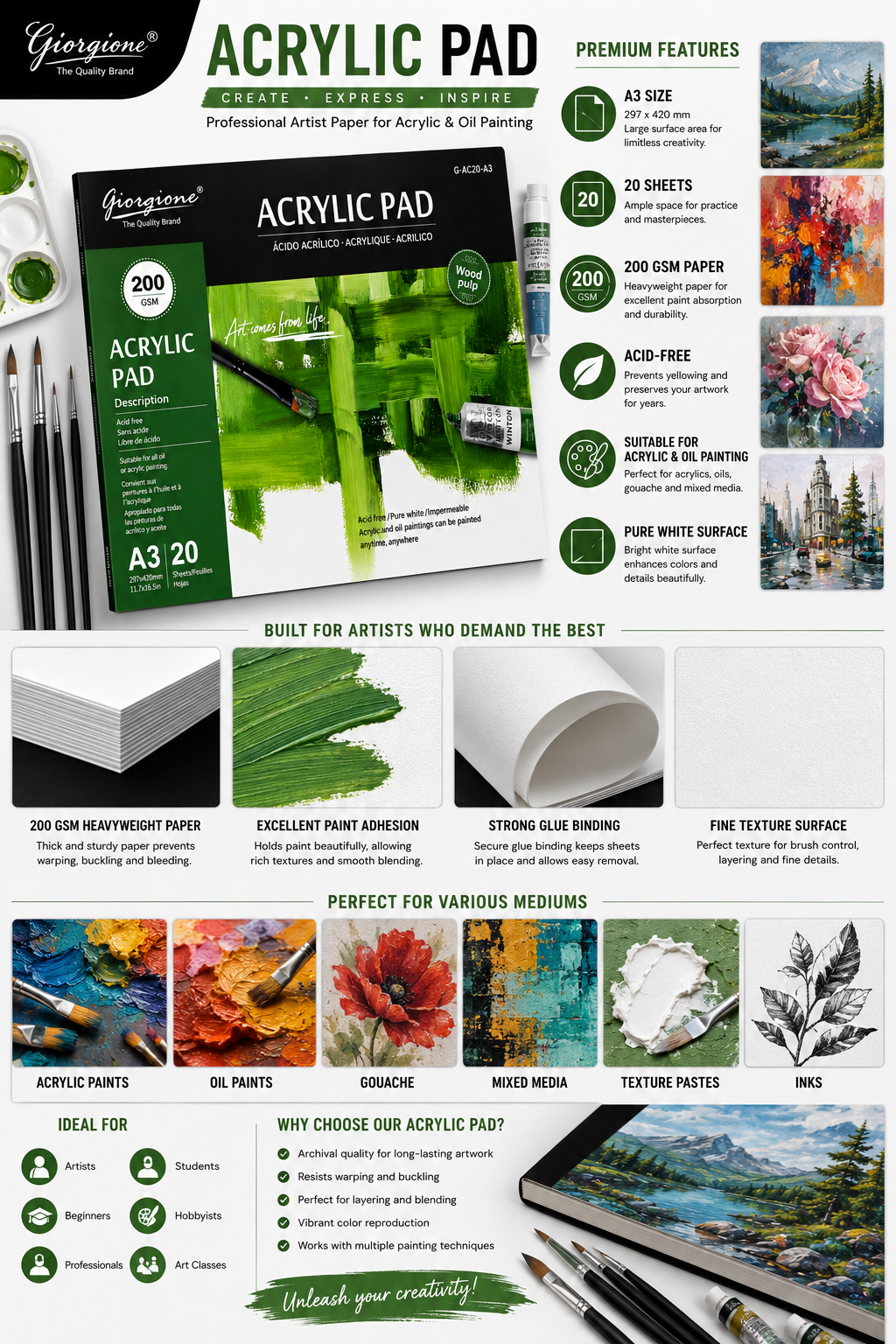 Giorgione A3 Acrylic Pad – 200 GSM Acid-Free Acrylic Painting Paper, 20 Sheets, Professional Artist Pad for Acrylic & Oil Painting - Image 3
