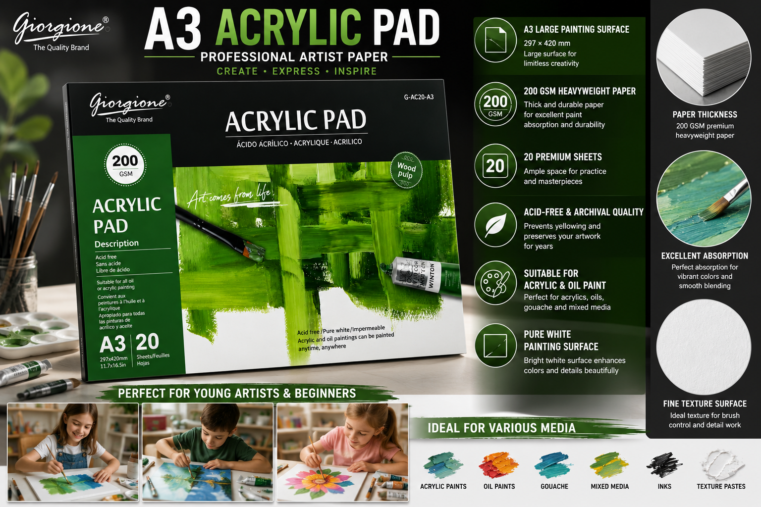 Giorgione A3 Acrylic Pad – 200 GSM Acid-Free Acrylic Painting Paper, 20 Sheets, Professional Artist Pad for Acrylic & Oil Painting - Image 2