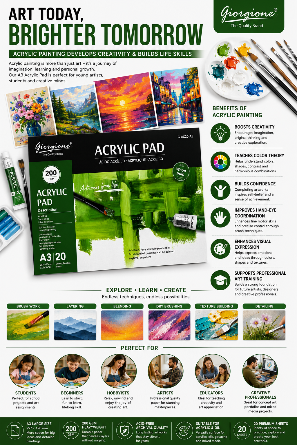 Giorgione A3 Acrylic Pad – 200 GSM Acid-Free Acrylic Painting Paper, 20 Sheets, Professional Artist Pad for Acrylic & Oil Painting - Image 4