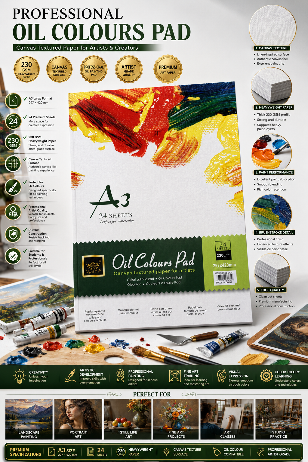 Opeth A3 Oil Colours Pad – 230 GSM Canvas Textured Paper, 24 Sheets, Professional Oil Painting Pad for Artists