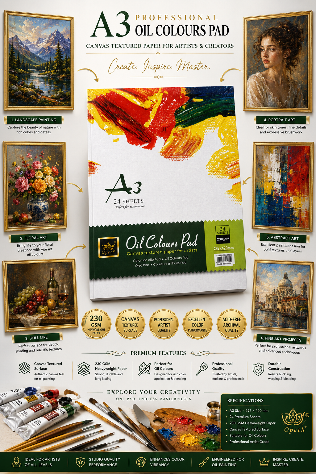 Opeth A3 Oil Colours Pad – 230 GSM Canvas Textured Paper, 24 Sheets, Professional Oil Painting Pad for Artists - Image 3